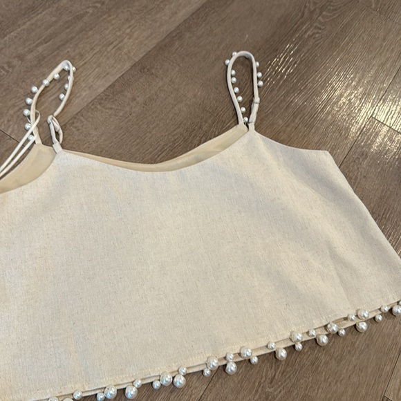 Pearl Details Cropped Top Beige Linen Straps Medium - Picture 6 of 10